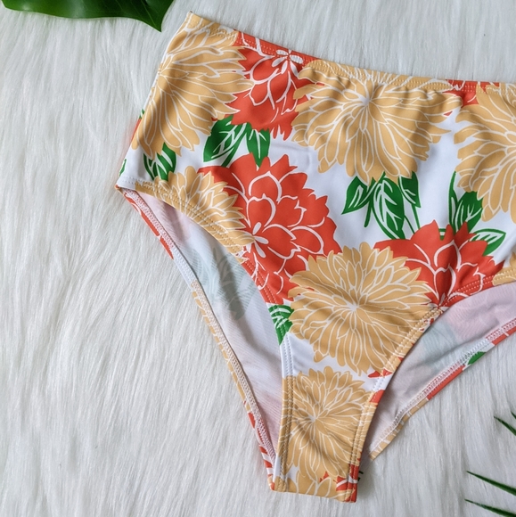 Orange white and green floral print high waist bikini bottom size S M L - Picture 2 of 5